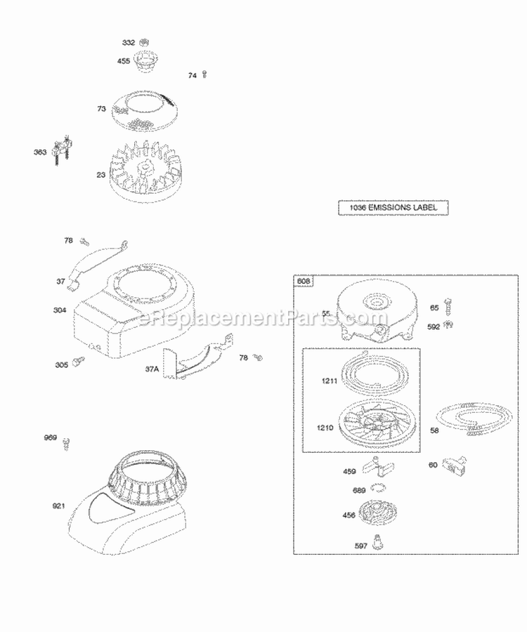 Blower HousingShrouds Flywheel Rewind Starter Diagram and Parts List for 09G902-0145-E1  Briggs and Stratton Engine